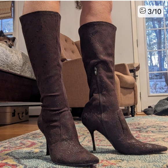 Guess Dark Brown Embossed Heeled Boots - Picture 2 of 8